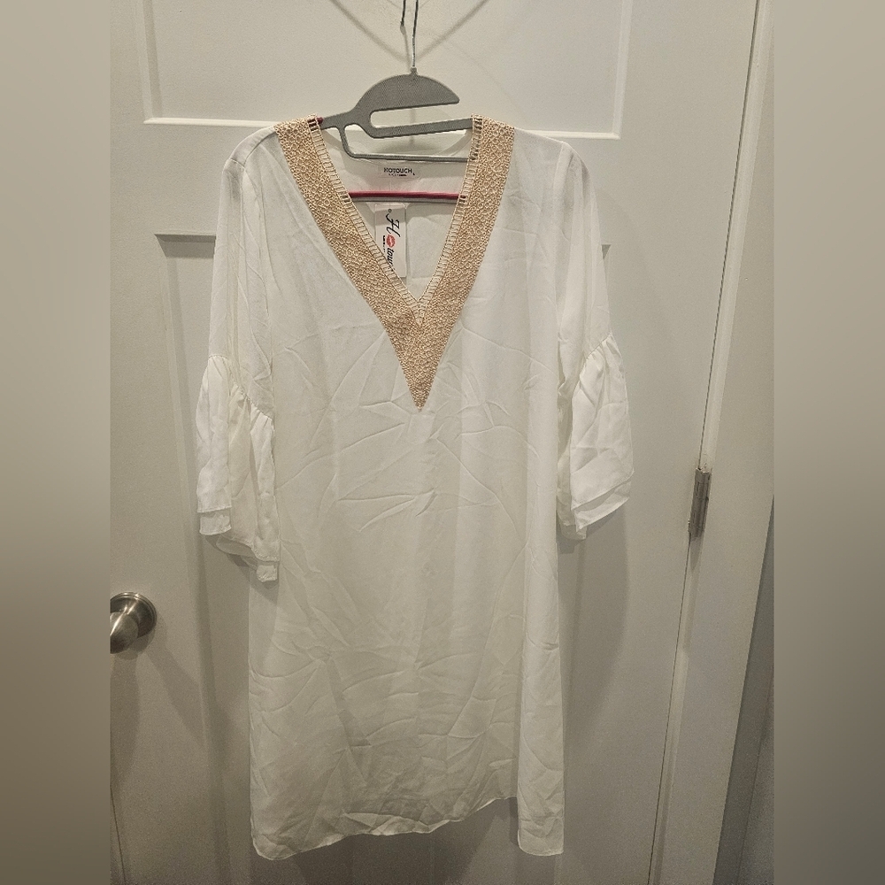 Hotouch White Crochet V-Neck Bell Sleeve Tunic Dress Women’s Small NWT